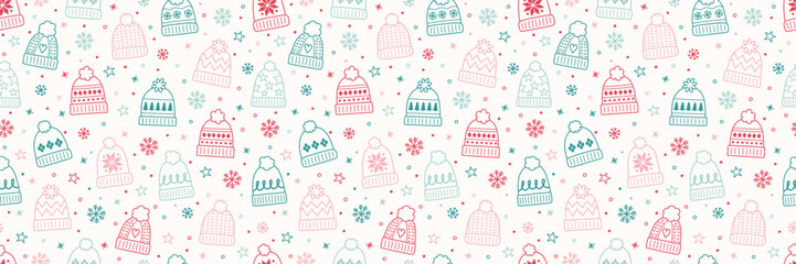 Colourful cartoon winter hat background. Christmas seamless pattern. Banner. Vector illustration