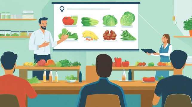 Cooking class instructor teaching healthy eating and nutrition to students.