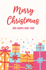 Colourful Christmas greeting card with cartoon gift boxes. Vector illustration