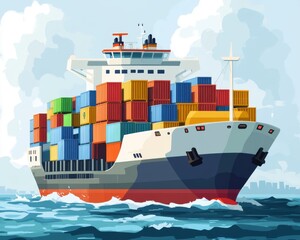 A large cargo ship with colorful containers sailing across the ocean under a clear blue sky.