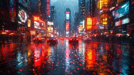 Rainy city night, neon lights, reflections.
