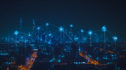 Fototapeta premium Smart digital city with connection cyber security network reciprocity over the cityscape . future smart wireless digital city and social media networking systems that connects people within the city