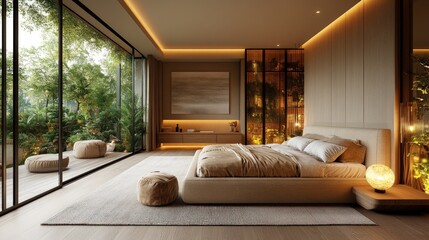 Luxurious minimalist bedroom, garden view.
