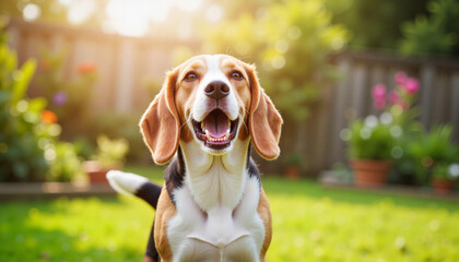 Happy beagle dog sitting in backyard with bright flowers