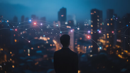 Naklejka premium Smart digital city with connection cyber security network reciprocity over the cityscape . future smart wireless digital city and social media networking systems that connects people within the city