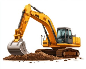 A vibrant yellow excavator digging into a mound of dirt, showcasing heavy machinery at work.