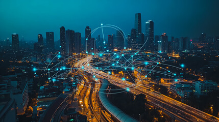 Obraz premium Smart digital city with connection cyber security network reciprocity over the cityscape . future smart wireless digital city and social media networking systems that connects people within the city