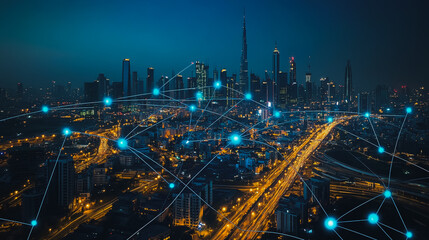 Smart digital city with connection cyber security network reciprocity over the cityscape . future smart wireless digital city and social media networking systems that connects people within the city