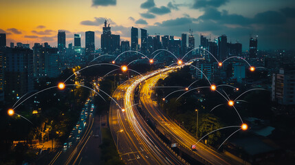 Fototapeta premium Smart digital city with connection cyber security network reciprocity over the cityscape . future smart wireless digital city and social media networking systems that connects people within the city