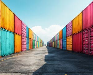 Colorful shipping containers lined up against a clear blue sky create a vibrant industrial landscape.