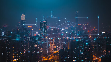Fototapeta premium Smart digital city with connection cyber security network reciprocity over the cityscape . future smart wireless digital city and social media networking systems that connects people within the city