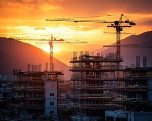 Silhouetted construction cranes against a vibrant sunset, highlighting the progress of urban development.