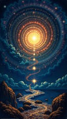 Fototapeta premium Journey through cosmic realms: a silhouette explores the essence of existence in vibrant universes