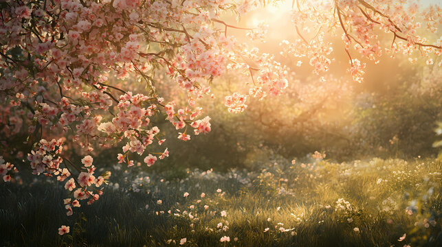 Springtime serenity: a breathtaking scene of blooming cherry blossoms amidst a lush meadow, bathed in the warm glow of the sun, evokes a sense of tranquility and renewal. Dreamy. Illustration