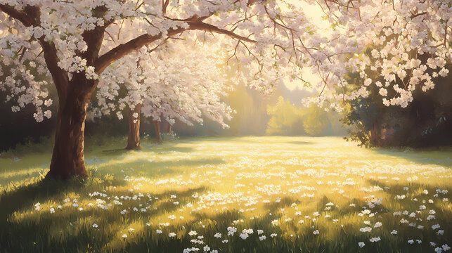 Springtime serenity: a breathtaking scene of blooming cherry blossoms amidst a lush meadow, bathed in the warm glow of the sun, evokes a sense of tranquility and renewal. Dreamy. Illustration
