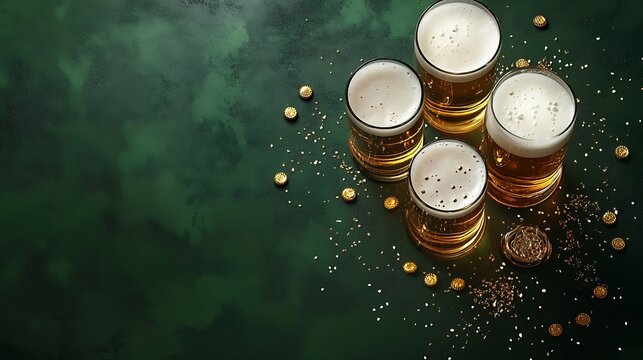 Four glasses of beer celebrating saint patrick's day with golden decorations on green background