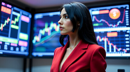 Obraz premium Young white woman in red suit in front of stock charts. Concept for leadership, economic empowerment, and Women's Day