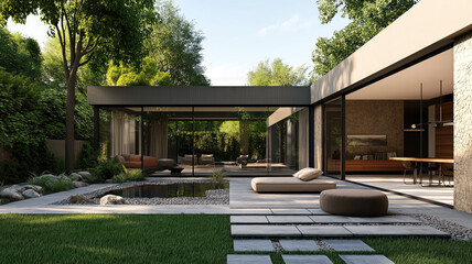 Modern Sunroom or conservatory extending into the garden, surrounded by a block paved patio