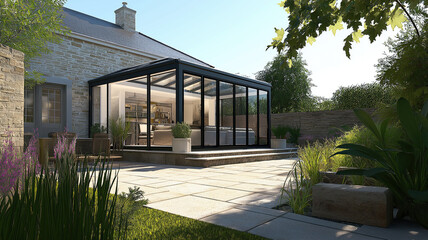 Modern Sunroom or conservatory extending into the garden, surrounded by a block paved patio