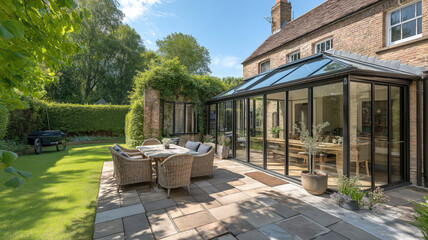 Modern Sunroom or conservatory extending into the garden, surrounded by a block paved patio