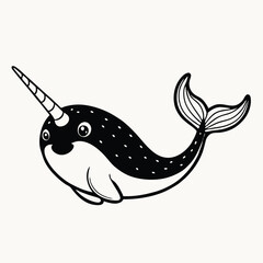 Obraz premium Black silhouette Cute narwhal mammal arctic animal with horn cartoon animal design vector illustration isolated on white background