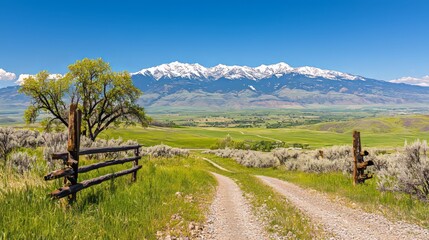 Obraz premium Scenic landscape featuring a dirt road, mountains, and lush greenery.