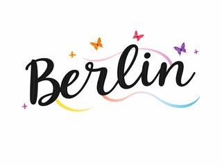 Berlin-Schriftzug mit bunten Schmetterlingen und geschwungenem Hintergrund