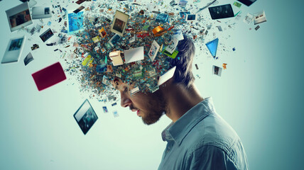 Overwhelming information data explode out of head of young human brain, too much media, too much information, maximalism, news, social media addiction. Generative AI image weber
