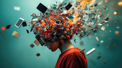 Overwhelming information data explode out of head of young human brain, too much media, too much information, maximalism, news, social media addiction. Generative AI image weber