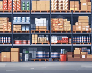 Fototapeta premium Shelves filled with various products in a warehouse, showcasing organization and storage efficiency.