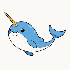 Obraz premium Cute narwhal on white background. Flat vector illustration in simple child style Isolated vector illustration
