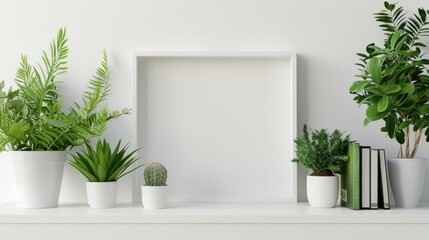 Fototapeta premium Shelf Plant. Minimal White Frame with Indoor Plants on Bookshelf in Interior