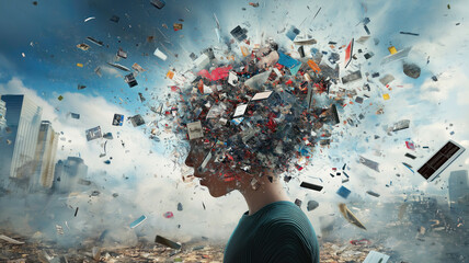 Overwhelming information data explode out of head of young human brain, too much media, too much information, maximalism, news, social media addiction. Generative AI image weber