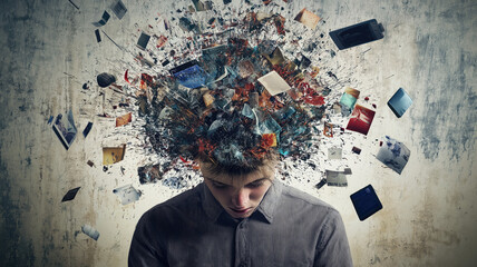 Overwhelming information data explode out of head of young human brain, too much media, too much information, maximalism, news, social media addiction. Generative AI image weber