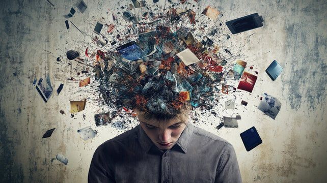 Overwhelming information data explode out of head of young human brain, too much media, too much information, maximalism, news, social media addiction. Generative AI image weber