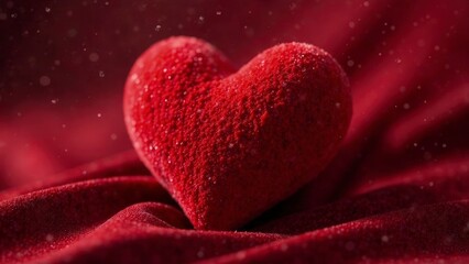Fototapeta premium Red heart, textured surface resembling velvet, close-up view with subtle lighting highlighting the details, blurred warm-toned background for depth, luxurious and cozy mood