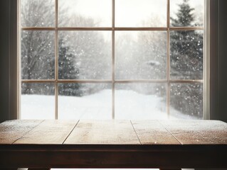 Snowy Winter Landscape Viewed Through a Window From a Table