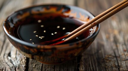 Soysauce in Porcelain Asian Dish for Chinese Eatery with Chopsticks
