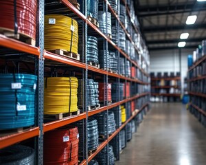 A wide view of a storage warehouse filled with colorful spools of wire, organized neatly on metal shelves.