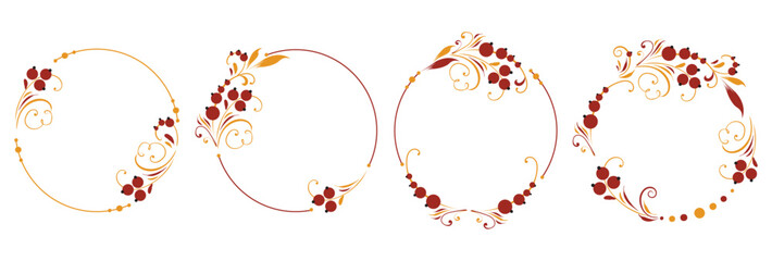 Set of Round template in vintage traditional Russian style. Branches in the form of stylized flowers and floral motifs. Vector ornament with twigs and berries for decoration.
