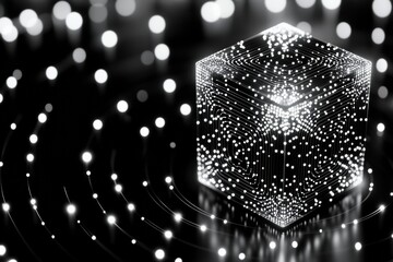 Floating 3D cube of glowing dots and data lines in a futuristic black and white cyber space representing advanced technology and blockchain concepts