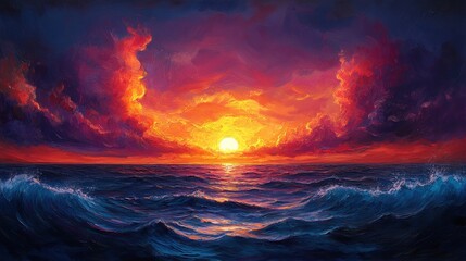 Fototapeta premium Fiery sunset over dark, ocean waves.