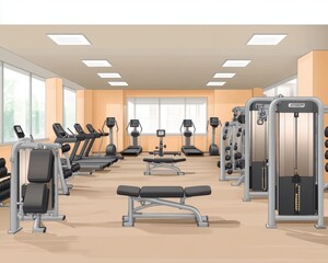 Obraz premium Modern gym interior featuring various exercise equipment and cardio machines in a bright, spacious room.