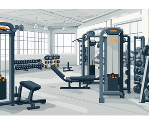 A modern, spacious gym interior featuring various workout equipment and free weights, ideal for fitness enthusiasts.