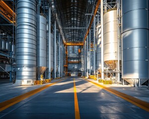 Obraz premium A vast industrial facility showcasing tall metallic silos and a brightly lit pathway, emphasizing modern manufacturing.