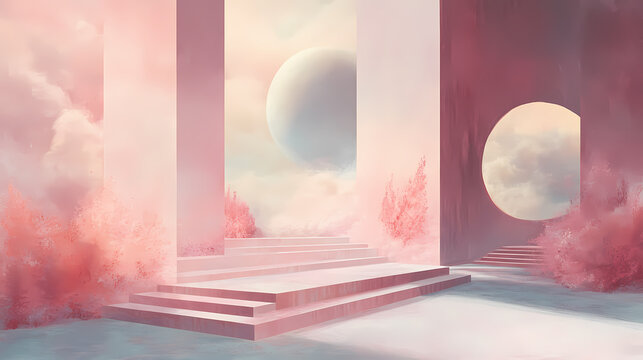 Pastel dreamscape featuring a podium with soft, muted colors and dreamy atmosphere, dreamy, pastel, serene, podium. Dreamy. Illustration