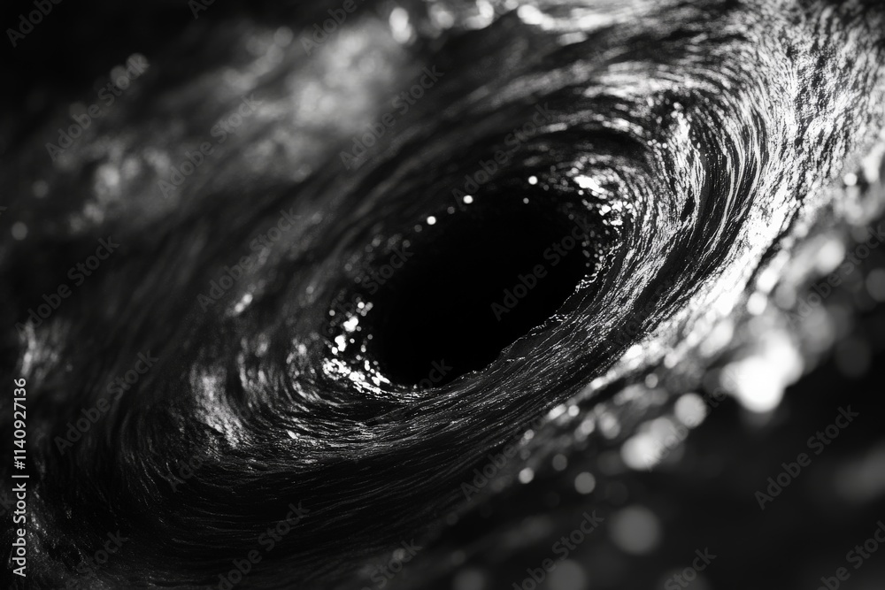 Poster An artistic representation of a black hole, capturing the intense swirling motion within a liquid depth, provoking thoughts about the universe's mysteries and unknown dimensions.