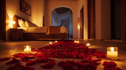 romantic pathway of red rose petals and candles leading to cozy bed in warm lit room