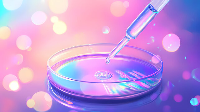 Pipette dispensing liquid into a petri dish with a colorful holographic backdrop featuring iridescent highlights and a dreamy bokeh effect. Dreamy. Illustration