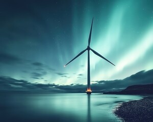 A towering wind turbine illuminated against a stunning aurora borealis at night, casting a tranquil reflection on the water.